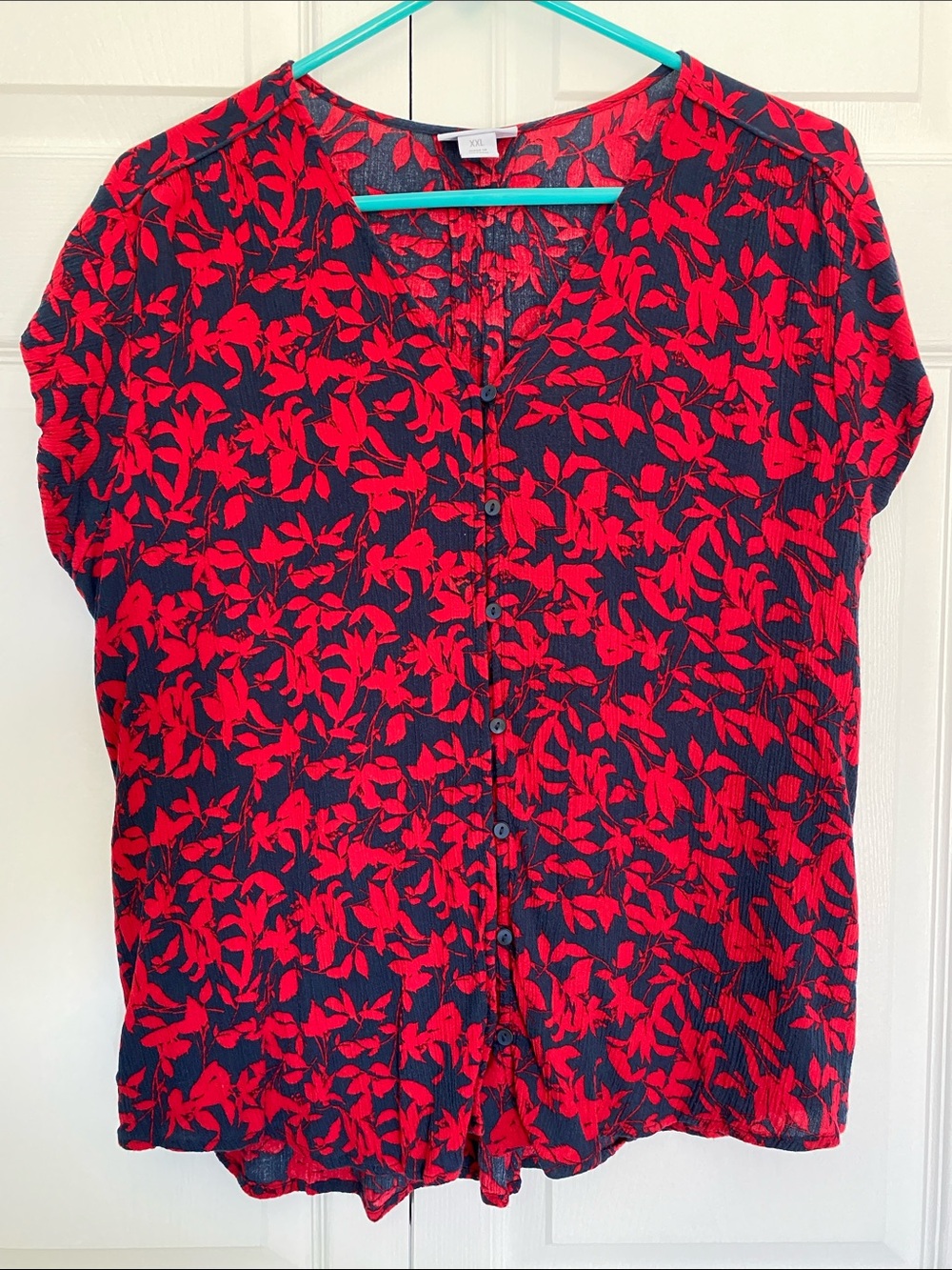 Liz Claiborne Navy Blouse with Red Floral Print